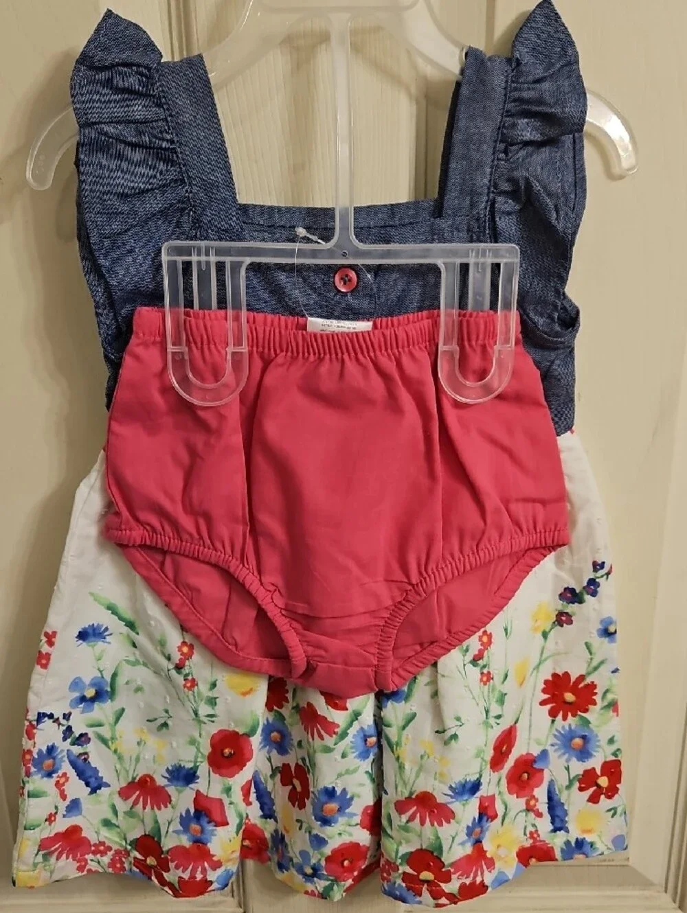 Girls Blue Chambray & White Floral Dress with Pink Flower